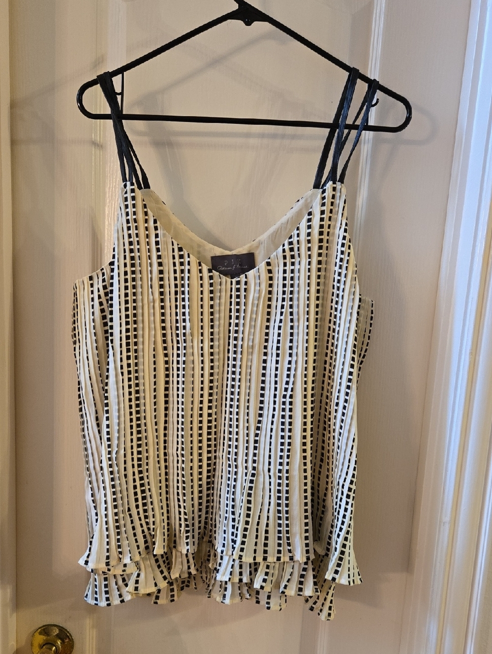 Patterson J kincaid Striped Ruffle Hem Spaghetti Strap Tank Top - Black & Cream